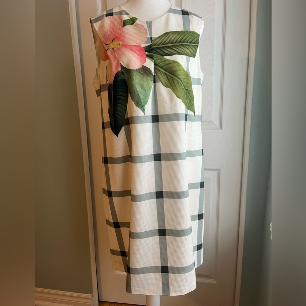 Ted Baker White Plaid Shift Dress with Pink Floral Detail
